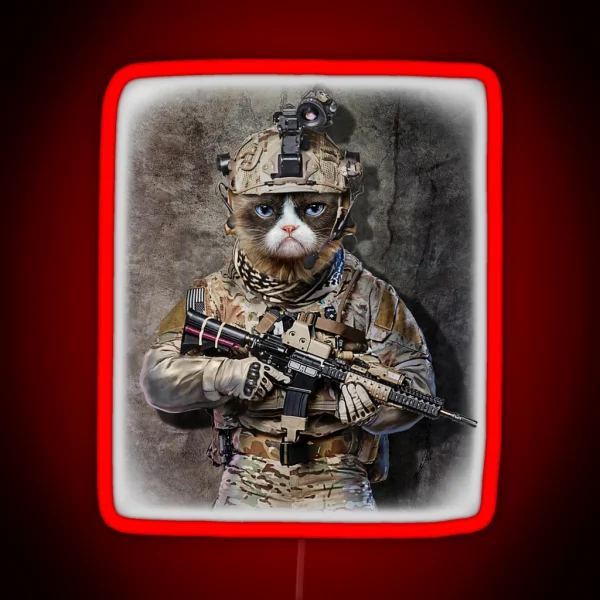 Disgruntle Cat As Army Commando In Full RGB Neon Sign