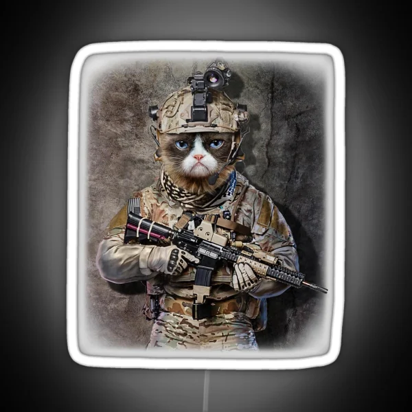 Disgruntle Cat As Army Commando In Full RGB Neon Sign