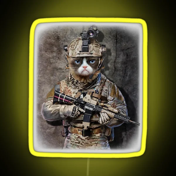 Disgruntle Cat As Army Commando In Full RGB Neon Sign