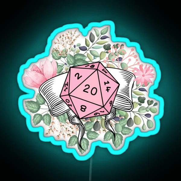 DND FLORAL D20 Pink Dice And Nature RGB Neon Sign