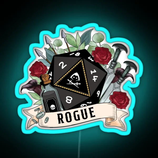 DND ROGUE D20 DICE Sneak Attack Floral Daggers Arrows Silver Coins Loot And Poison RGB Neon Sign