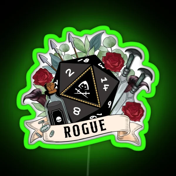 DND ROGUE D20 DICE Sneak Attack Floral Daggers Arrows Silver Coins Loot And Poison RGB Neon Sign