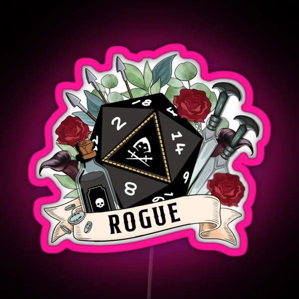 DND ROGUE D20 DICE Sneak Attack Floral Daggers Arrows Silver Coins Loot And Poison RGB Neon Sign