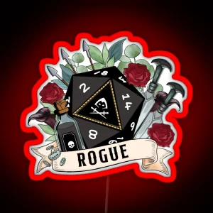 DND ROGUE D20 DICE Sneak Attack Floral Daggers Arrows Silver Coins Loot And Poison RGB Neon Sign