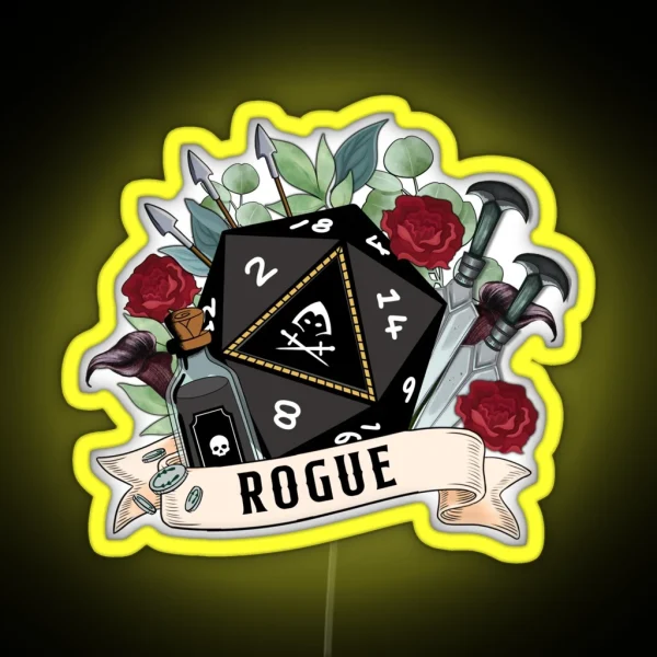 DND ROGUE D20 DICE Sneak Attack Floral Daggers Arrows Silver Coins Loot And Poison RGB Neon Sign