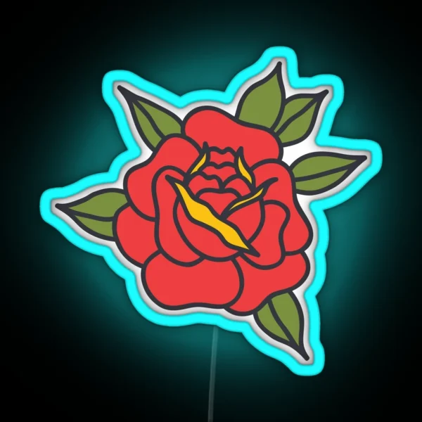 Doodle Rose Traditional Tattoo Flash RGB Neon Sign