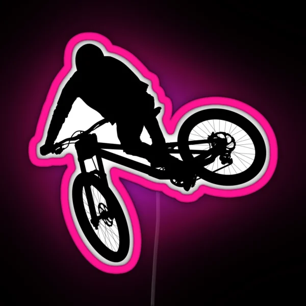 Downhill Mountain Bike Enduro Cross Mountain Biker Doing An Extreme Jump On A Mountain Bike With Helmet And Safety Equipment RGB Neon Sign