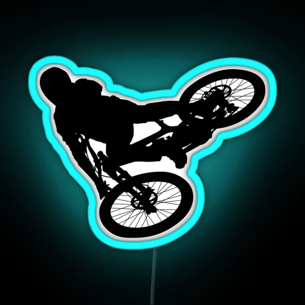 Downhill Mountain Bike Enduro Cross Mountain Biker Doing An Extreme Jump On A Mountain Bike With Helmet And Safety Equipment RGB Neon Sign