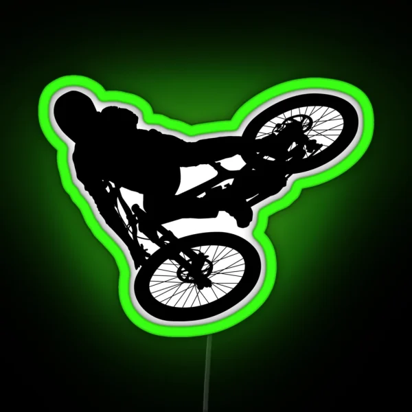 Downhill Mountain Bike Enduro Cross Mountain Biker Doing An Extreme Jump On A Mountain Bike With Helmet And Safety Equipment RGB Neon Sign