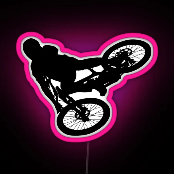 Downhill Mountain Bike Enduro Cross Mountain Biker Doing An Extreme Jump On A Mountain Bike With Helmet And Safety Equipment RGB Neon Sign