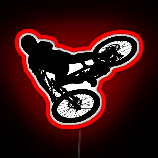 Downhill Mountain Bike Enduro Cross Mountain Biker Doing An Extreme Jump On A Mountain Bike With Helmet And Safety Equipment RGB Neon Sign