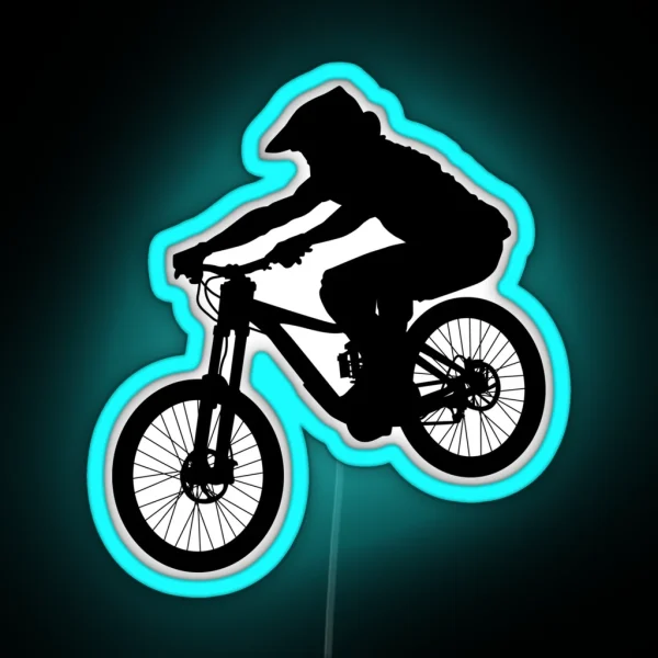 Downhill Mountain Bike Enduro Cross Mountain Biker Doing An Extreme Jump On A Mountain Bike With Helmet And Safety Equipment RGB Neon Sign