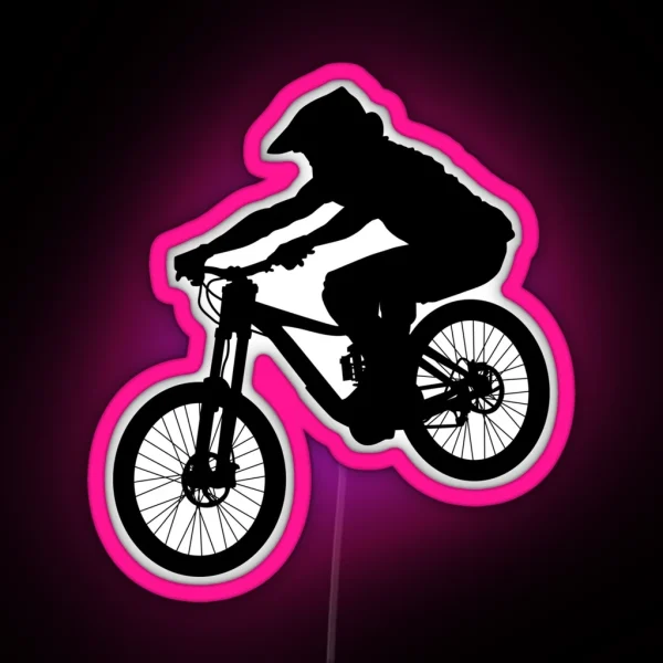 Downhill Mountain Bike Enduro Cross Mountain Biker Doing An Extreme Jump On A Mountain Bike With Helmet And Safety Equipment RGB Neon Sign