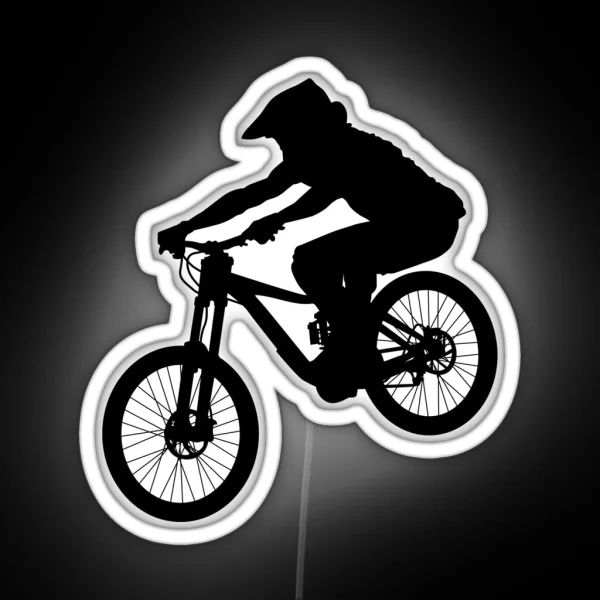 Downhill Mountain Bike Enduro Cross Mountain Biker Doing An Extreme Jump On A Mountain Bike With Helmet And Safety Equipment RGB Neon Sign