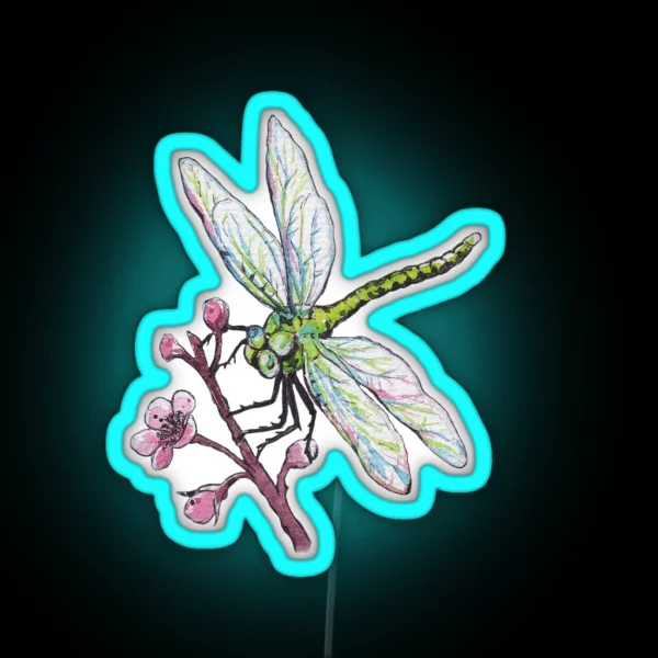 Drangonfly And Cherry Flower In Watercolor RGB Neon Sign