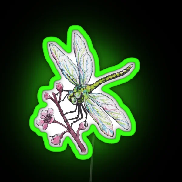 Drangonfly And Cherry Flower In Watercolor RGB Neon Sign