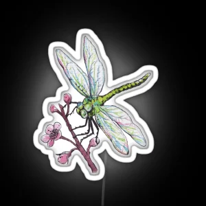 Drangonfly And Cherry Flower In Watercolor RGB Neon Sign