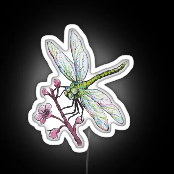 Drangonfly And Cherry Flower In Watercolor RGB Neon Sign