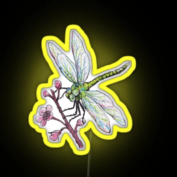 Drangonfly And Cherry Flower In Watercolor RGB Neon Sign