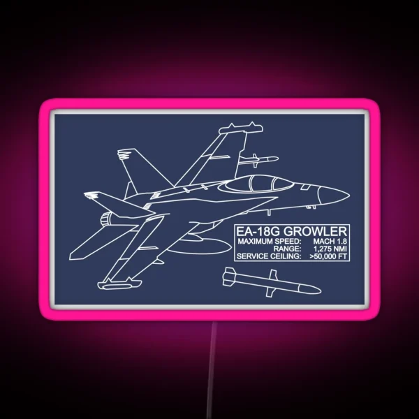 EA 18G Growler Jet Fighter Plane Blueprint Infographic Diagram RGB Neon Sign