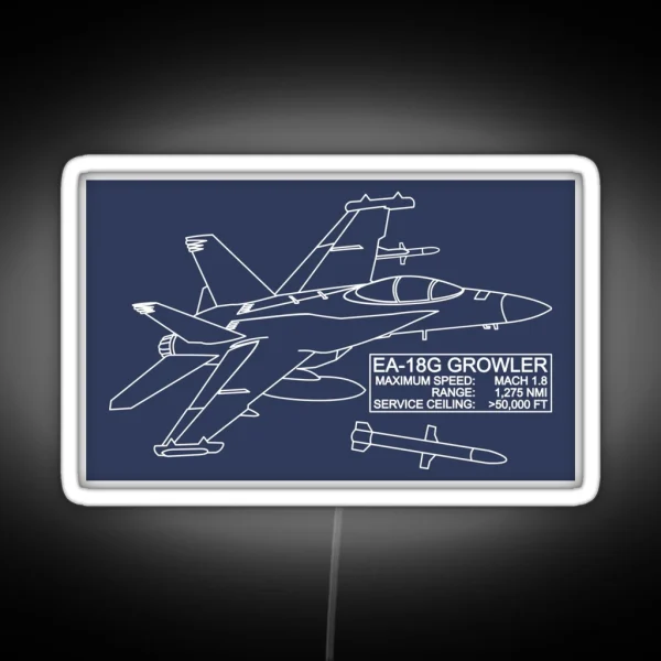 EA 18G Growler Jet Fighter Plane Blueprint Infographic Diagram RGB Neon Sign