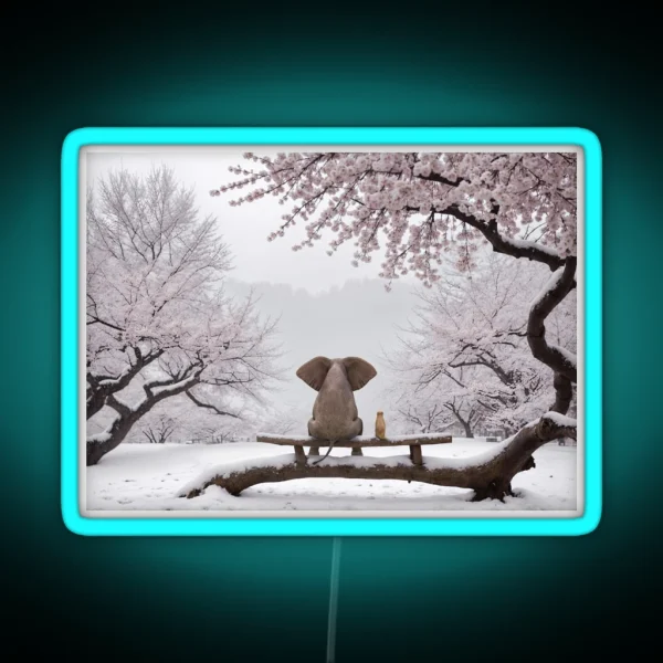 Elephant And Dog Sitting In A Snowy Japanese RGB Neon Sign