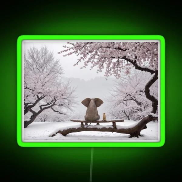 Elephant And Dog Sitting In A Snowy Japanese RGB Neon Sign