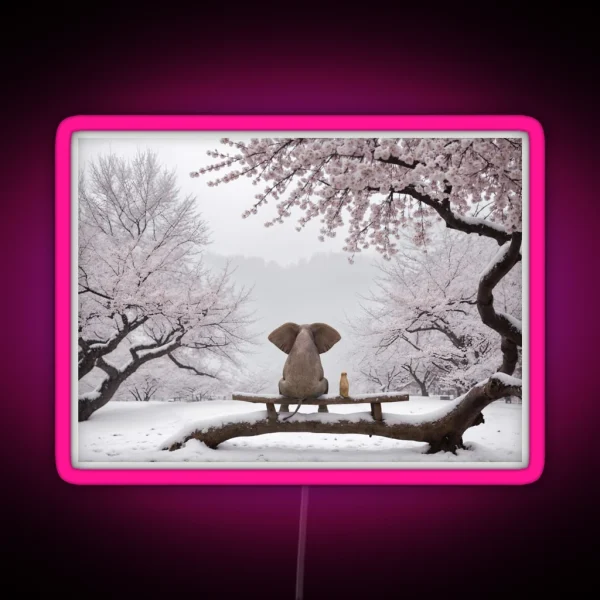 Elephant And Dog Sitting In A Snowy Japanese RGB Neon Sign