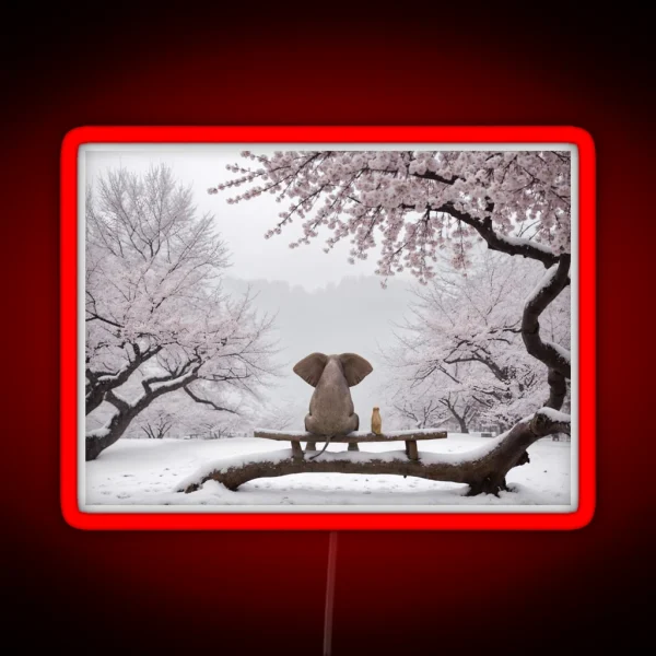 Elephant And Dog Sitting In A Snowy Japanese RGB Neon Sign
