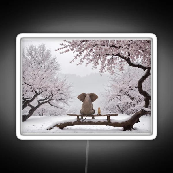 Elephant And Dog Sitting In A Snowy Japanese RGB Neon Sign