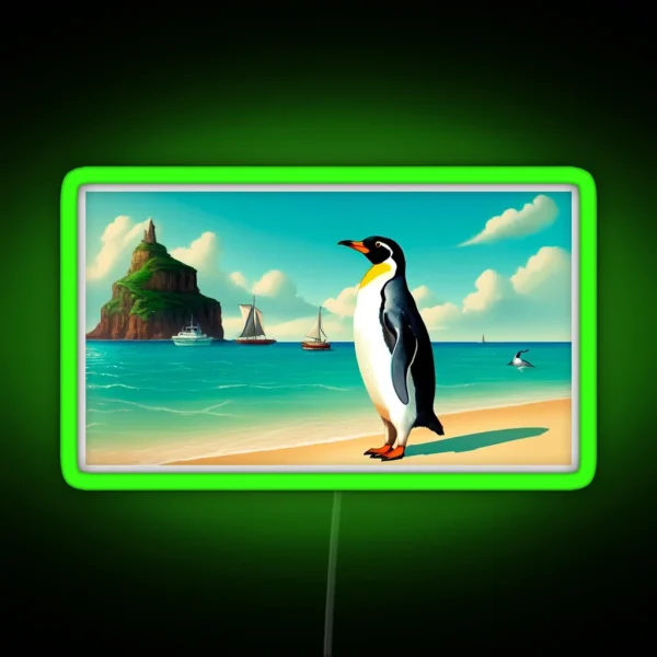 Enchanting Vintage Scene With Playful Penguin In The Ocean RGB Neon Sign