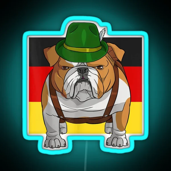 English Bulldog Oktoberfest Lederhosen Alpine Hat Prost RGB Neon Sign