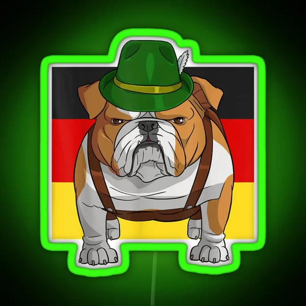 English Bulldog Oktoberfest Lederhosen Alpine Hat Prost RGB Neon Sign