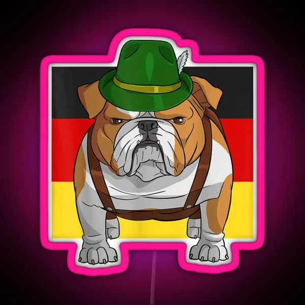 English Bulldog Oktoberfest Lederhosen Alpine Hat Prost RGB Neon Sign
