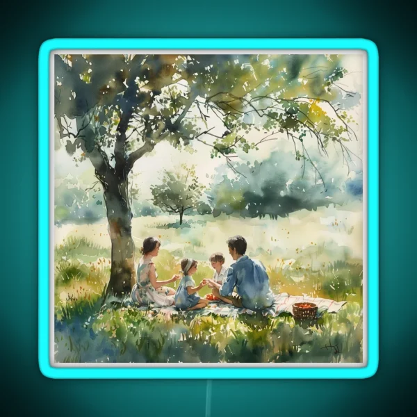 Family Picnic Beneath Summer Tree RGB Neon Sign