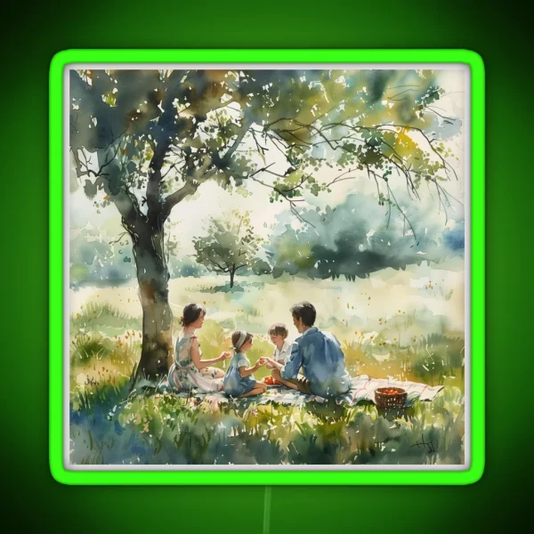 Family Picnic Beneath Summer Tree RGB Neon Sign