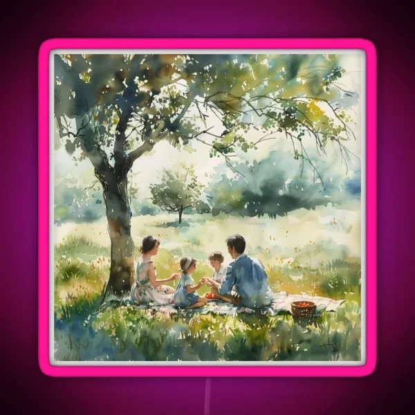 Family Picnic Beneath Summer Tree RGB Neon Sign