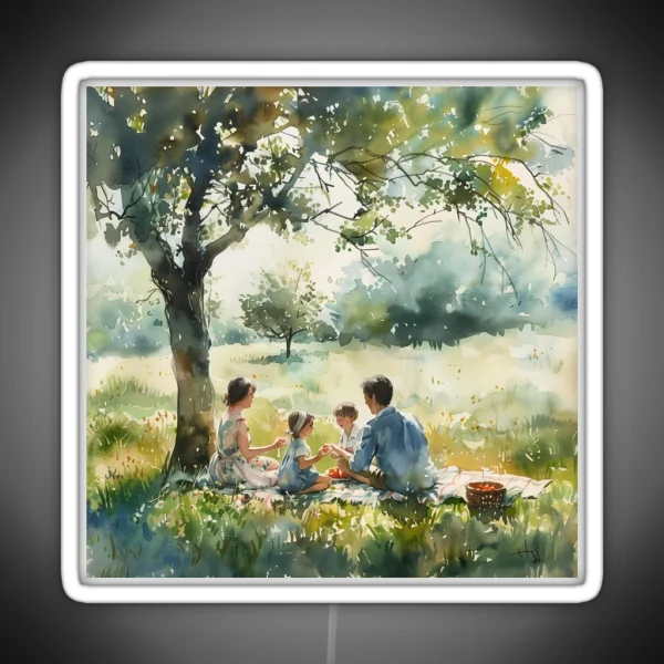 Family Picnic Beneath Summer Tree RGB Neon Sign