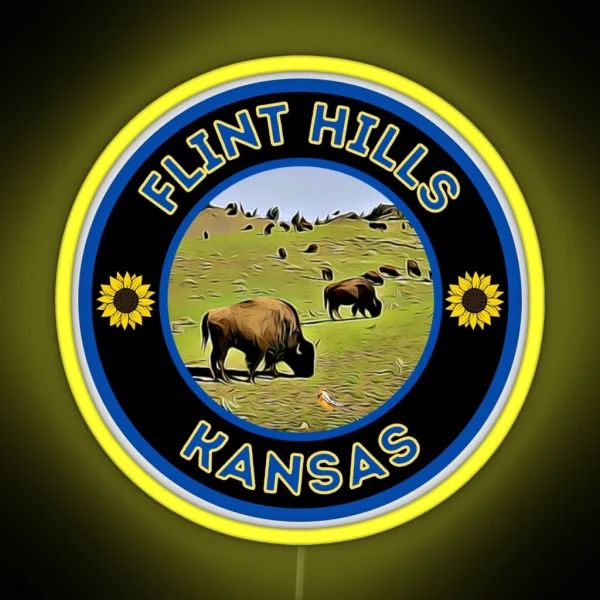 Flint Hills Kansas Bison Blue Gold RGB Neon Sign