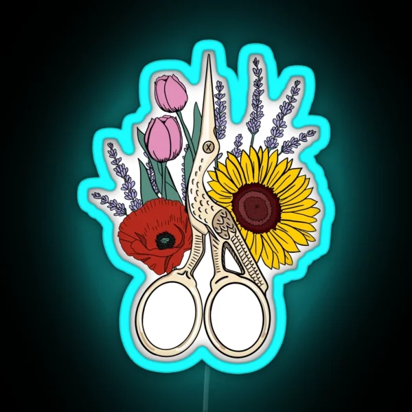 Floral Stork Scissors RGB Neon Sign
