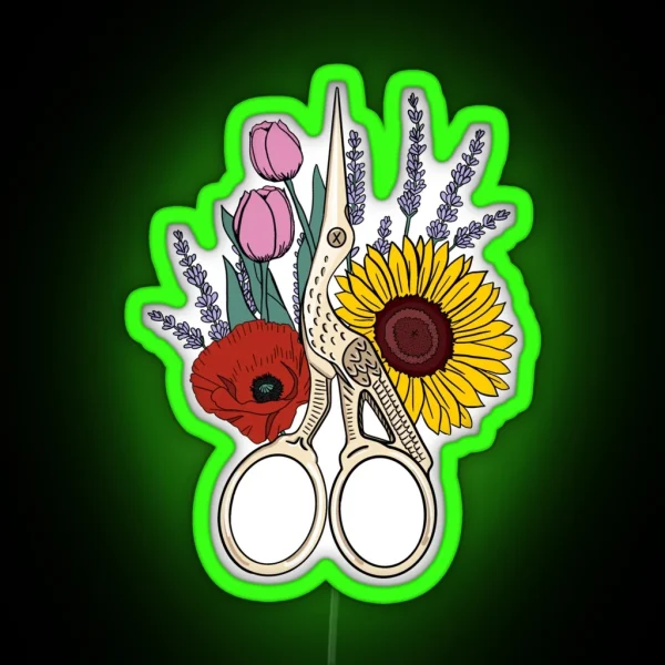 Floral Stork Scissors RGB Neon Sign