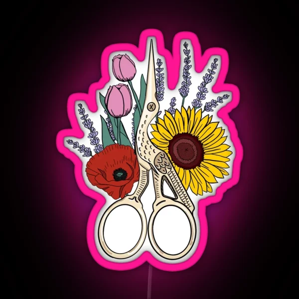 Floral Stork Scissors RGB Neon Sign