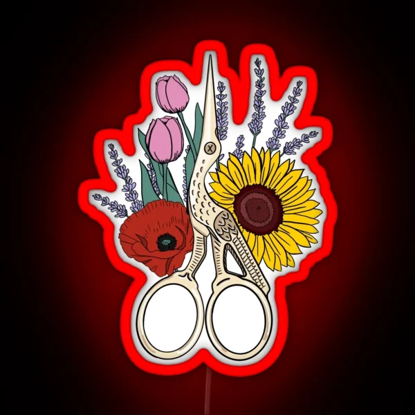 Floral Stork Scissors RGB Neon Sign