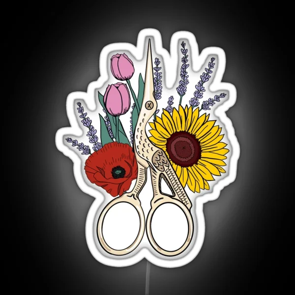 Floral Stork Scissors RGB Neon Sign