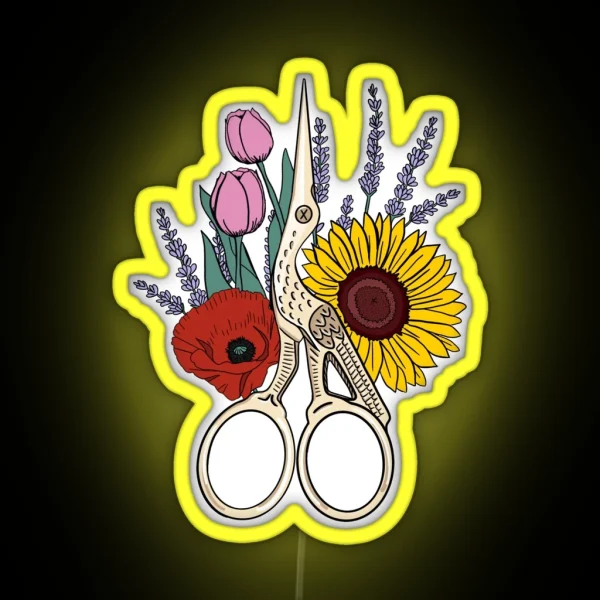 Floral Stork Scissors RGB Neon Sign