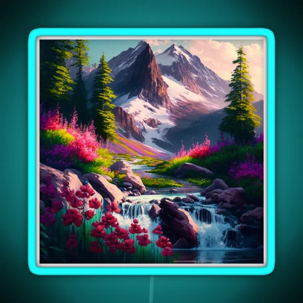 Flowery Waterfall Mountain Scene RGB Neon Sign