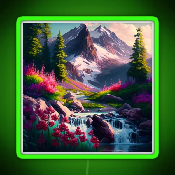 Flowery Waterfall Mountain Scene RGB Neon Sign