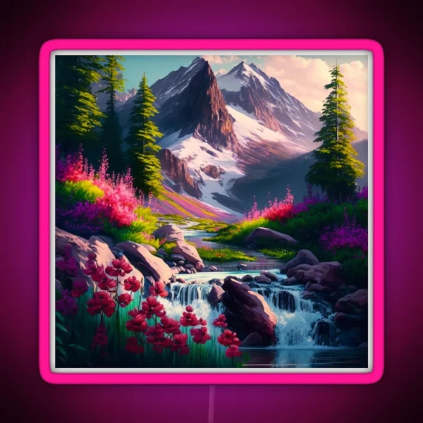 Flowery Waterfall Mountain Scene RGB Neon Sign