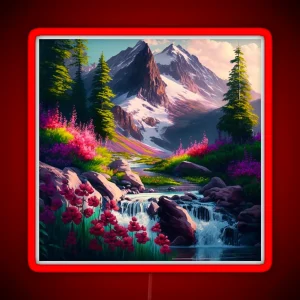 Flowery Waterfall Mountain Scene RGB Neon Sign