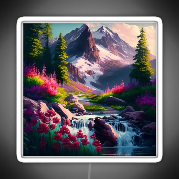 Flowery Waterfall Mountain Scene RGB Neon Sign